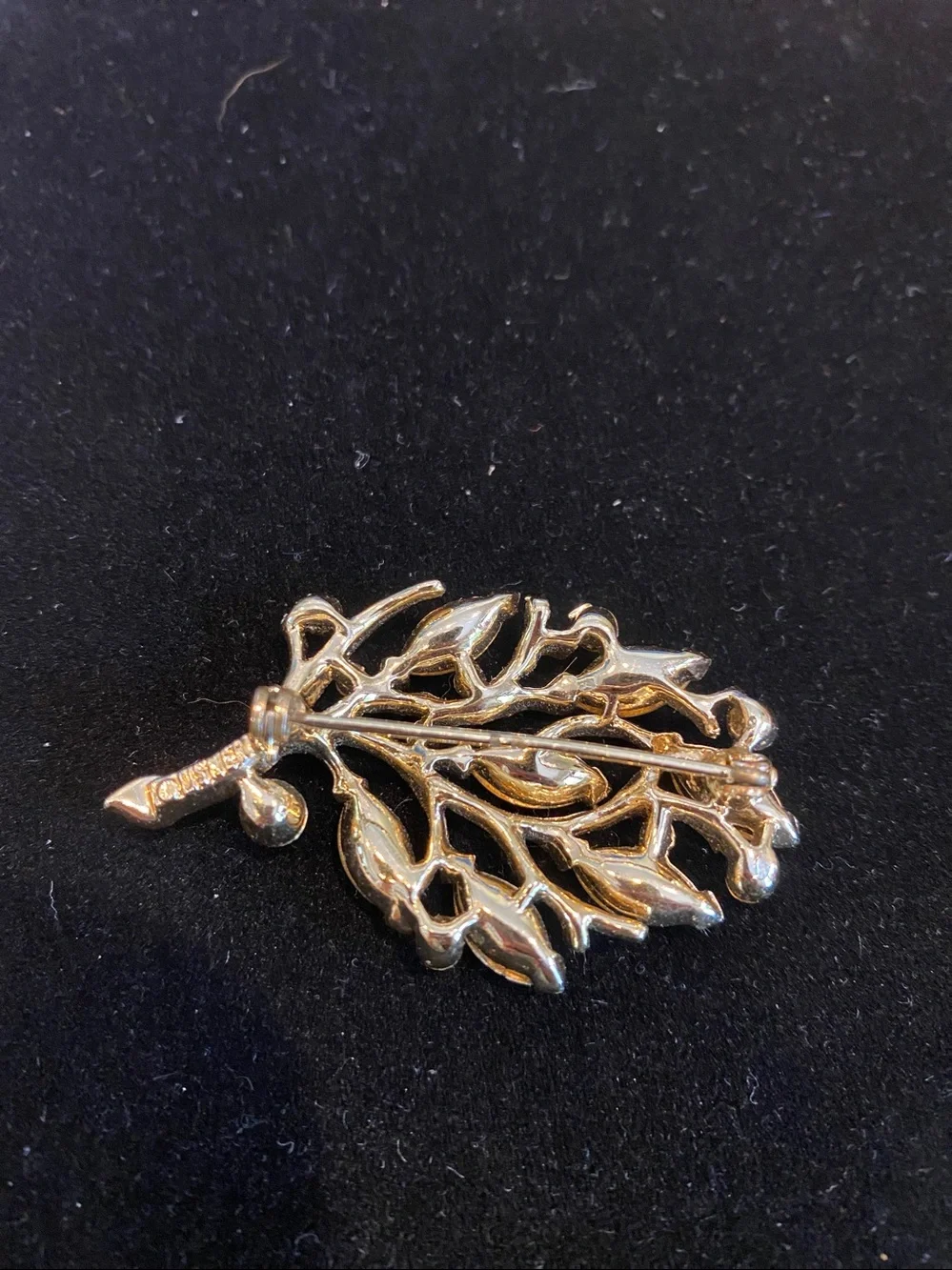Gold-Tone Leaf Branch Brooch with Clear and Amber Stones